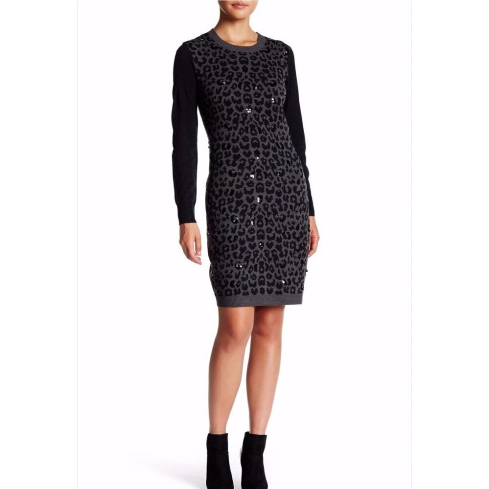 Betsey Johnson Gray and Black Leopard Sequin Sweater Dress Size Medium
